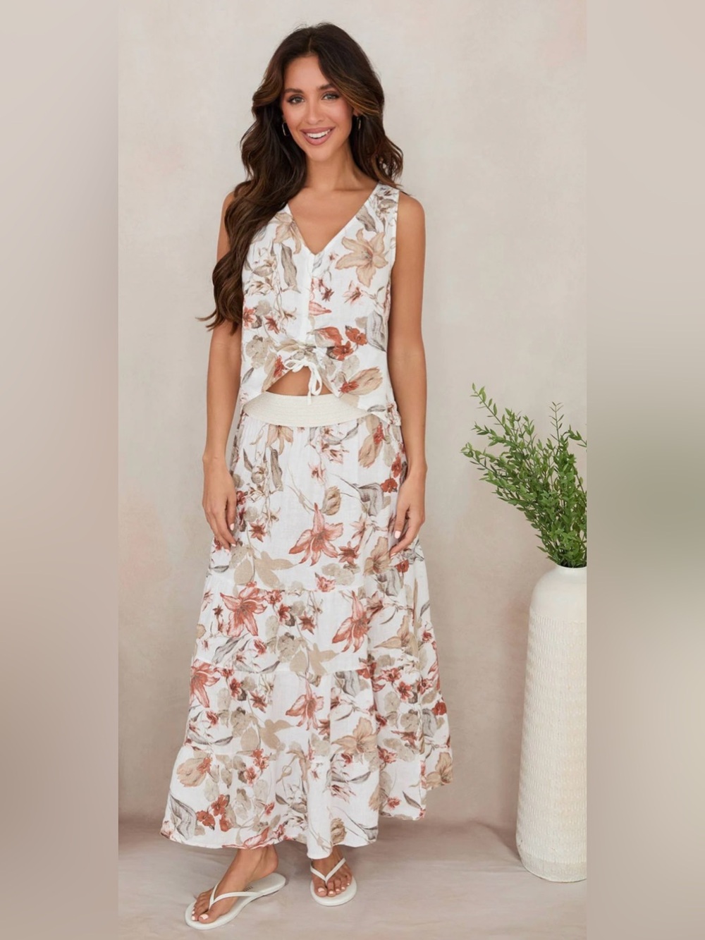 100% Italian Linen Star Flower Tiered Maxi Skirt - Picture 3 of 3